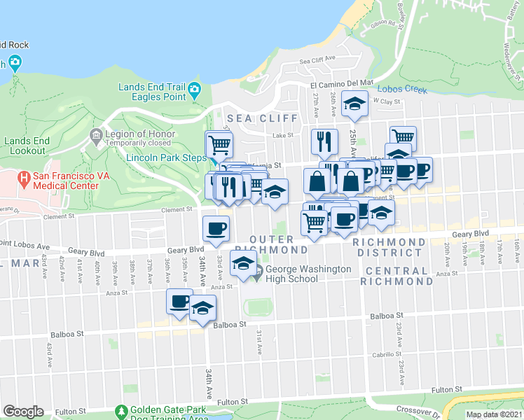 map of restaurants, bars, coffee shops, grocery stores, and more near 390 30th Avenue in San Francisco