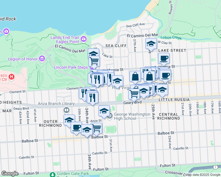 map of restaurants, bars, coffee shops, grocery stores, and more near 395 31st Avenue in San Francisco