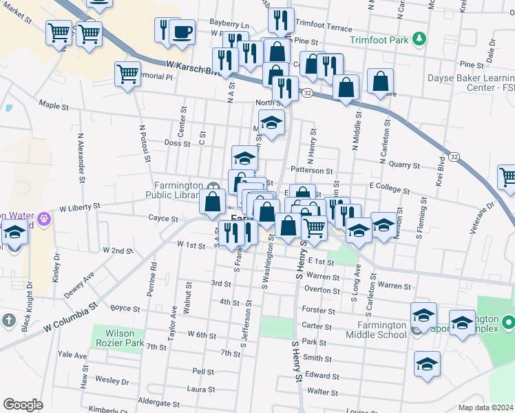 map of restaurants, bars, coffee shops, grocery stores, and more near 211 North Jefferson Street in Farmington