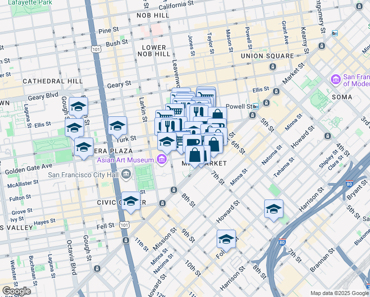 map of restaurants, bars, coffee shops, grocery stores, and more near 209 Golden Gate Avenue in San Francisco
