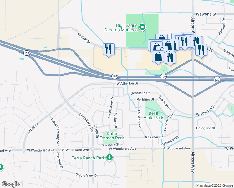 map of restaurants, bars, coffee shops, grocery stores, and more near 1432 Hearthsong Drive in Manteca
