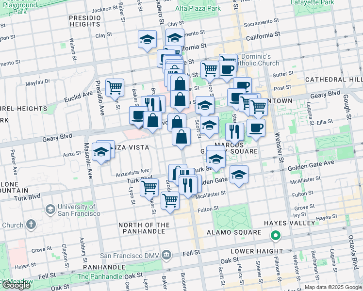 map of restaurants, bars, coffee shops, grocery stores, and more near Divisadero Street & Ellis Street in San Francisco