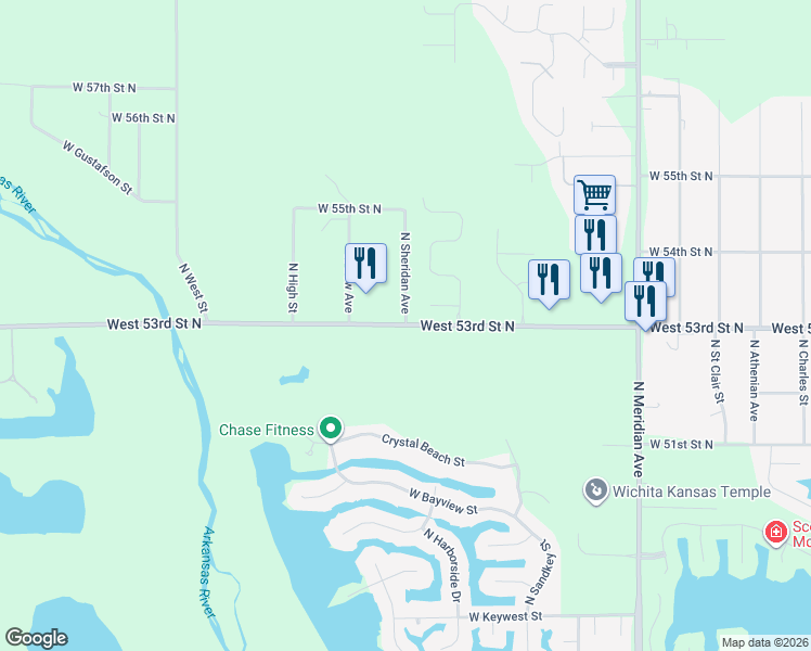 map of restaurants, bars, coffee shops, grocery stores, and more near 5400 North Sheridan Street in Wichita