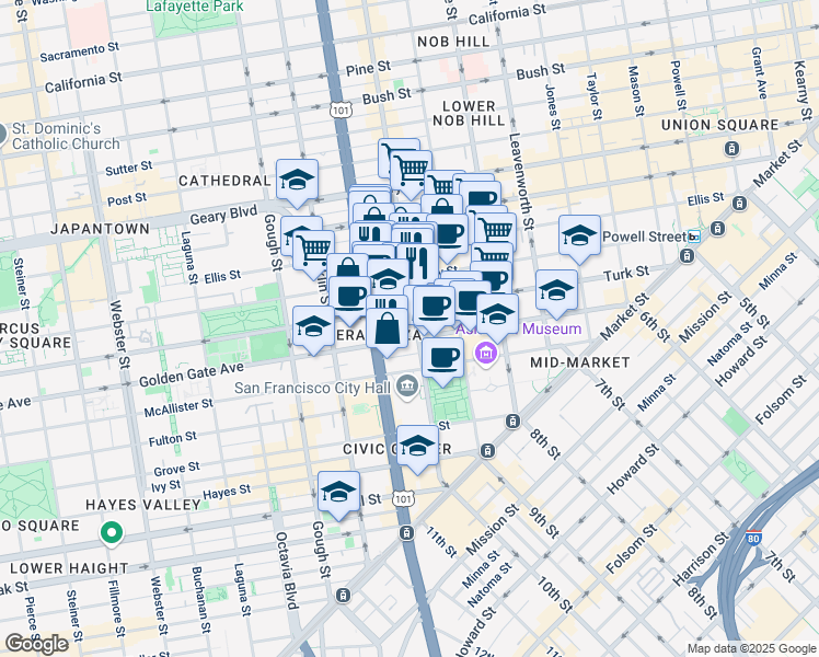 map of restaurants, bars, coffee shops, grocery stores, and more near 507 Polk Street in San Francisco