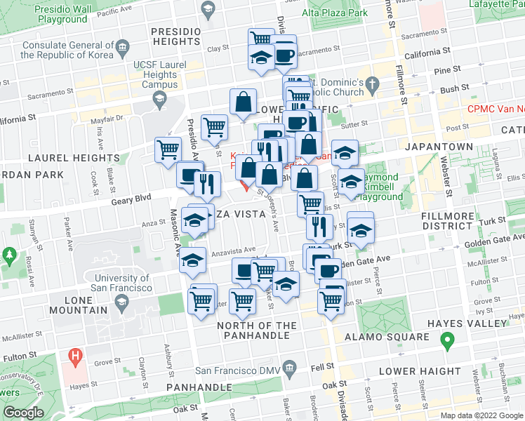map of restaurants, bars, coffee shops, grocery stores, and more near Baker Street & Terra Vista Avenue in San Francisco