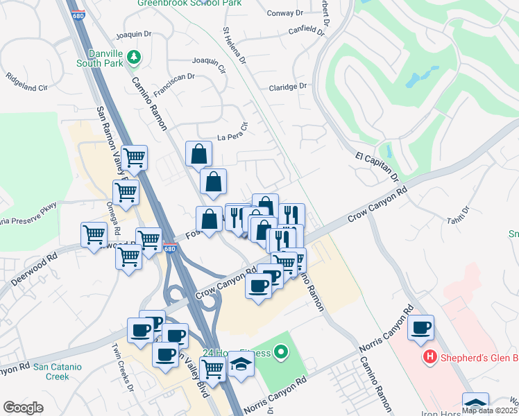 map of restaurants, bars, coffee shops, grocery stores, and more near in Danville