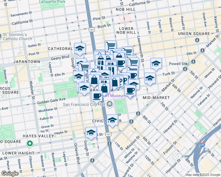map of restaurants, bars, coffee shops, grocery stores, and more near 835 Turk Street in San Francisco