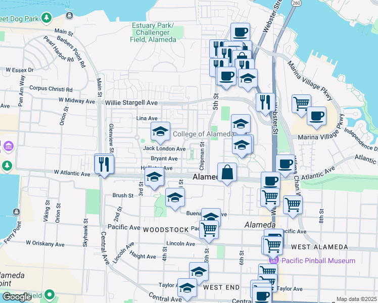 map of restaurants, bars, coffee shops, grocery stores, and more near 2248 Coral Sea Street in Alameda