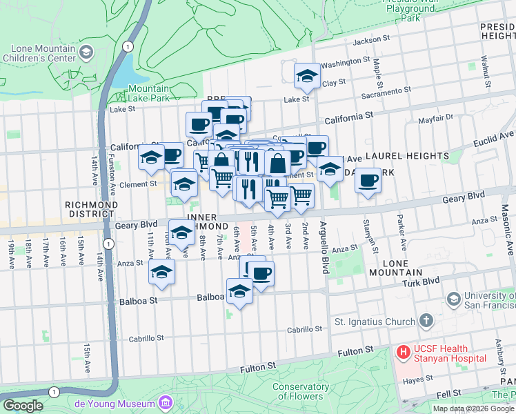 map of restaurants, bars, coffee shops, grocery stores, and more near 4128 Geary Boulevard in San Francisco