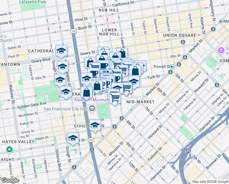 map of restaurants, bars, coffee shops, grocery stores, and more near 333 Golden Gate Avenue in San Francisco