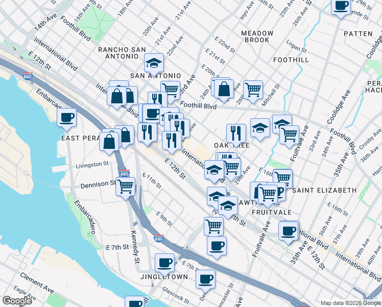 map of restaurants, bars, coffee shops, grocery stores, and more near 2555 East 15th Street in Oakland