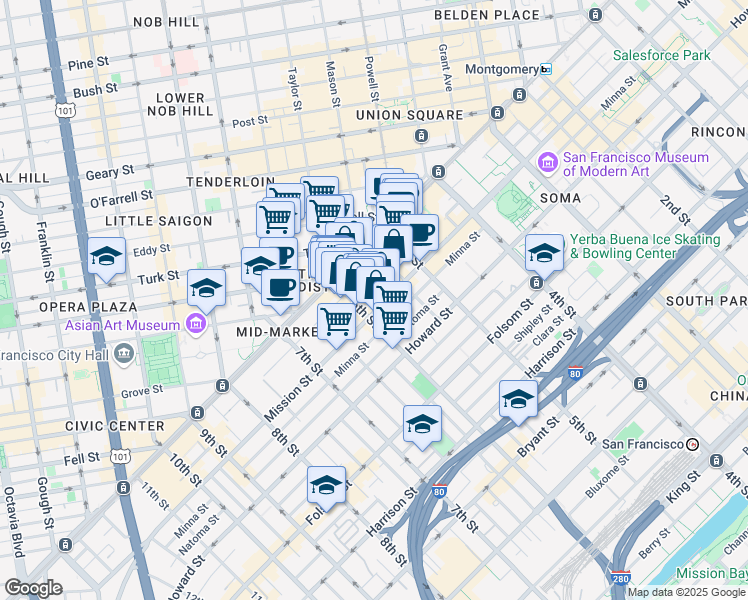 map of restaurants, bars, coffee shops, grocery stores, and more near 980 Mission Street in San Francisco