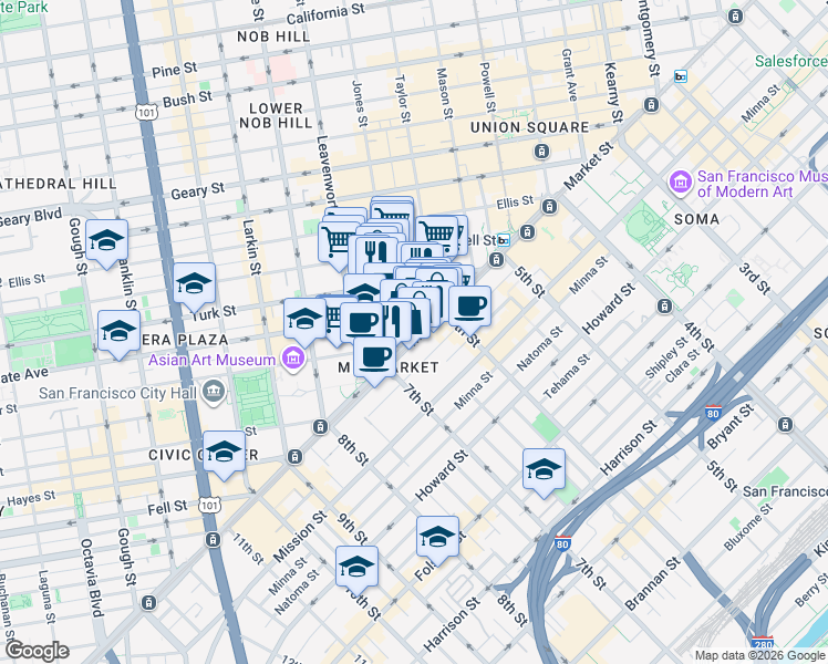map of restaurants, bars, coffee shops, grocery stores, and more near 90 Jones Street in San Francisco