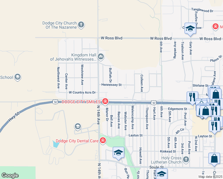 map of restaurants, bars, coffee shops, grocery stores, and more near 1201-1299 Hennessey Street in Dodge City