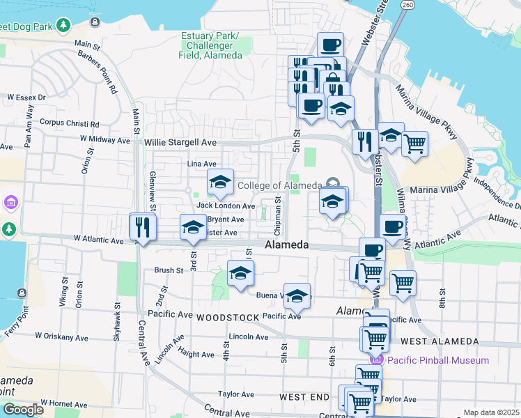 map of restaurants, bars, coffee shops, grocery stores, and more near 2248 Coral Sea Street in Alameda