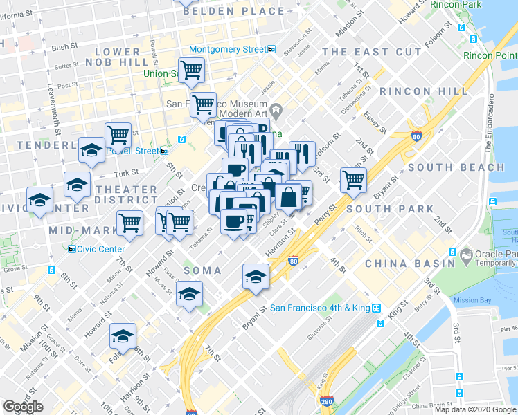 map of restaurants, bars, coffee shops, grocery stores, and more near 310 4th Street in San Francisco