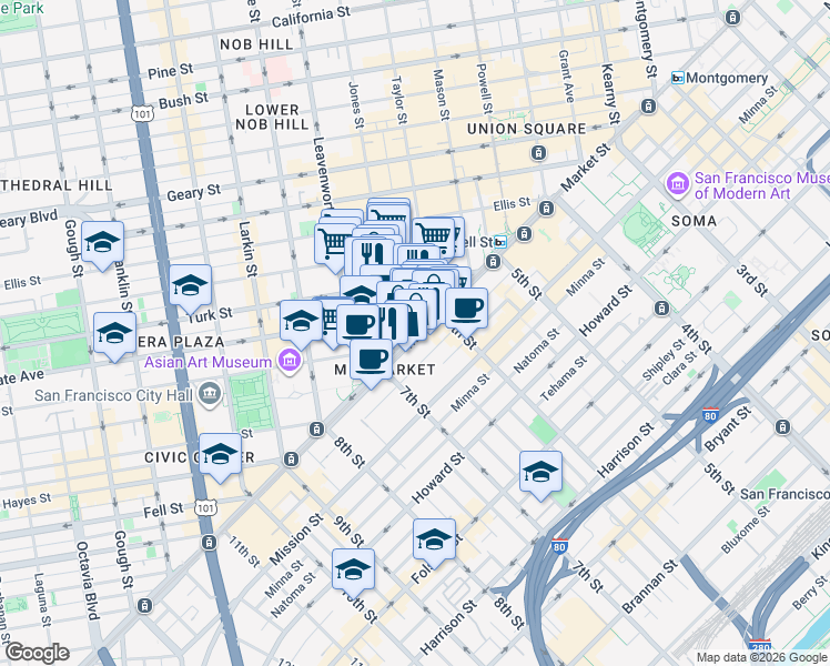 map of restaurants, bars, coffee shops, grocery stores, and more near 90 Jones Street in San Francisco
