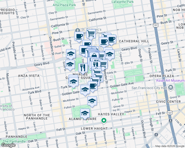 map of restaurants, bars, coffee shops, grocery stores, and more near 1365 Fillmore Street in San Francisco