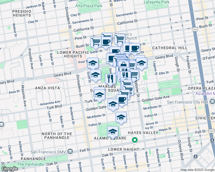 map of restaurants, bars, coffee shops, grocery stores, and more near 1729 Ellis Street in San Francisco