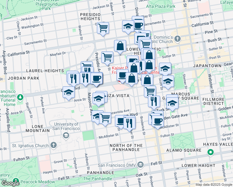 map of restaurants, bars, coffee shops, grocery stores, and more near 2375 O'Farrell Street in San Francisco