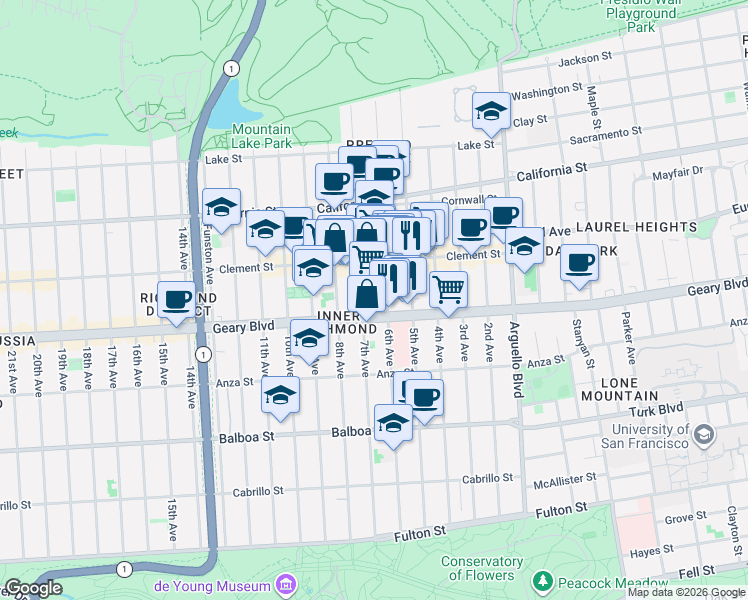 map of restaurants, bars, coffee shops, grocery stores, and more near 327 6th Avenue in San Francisco