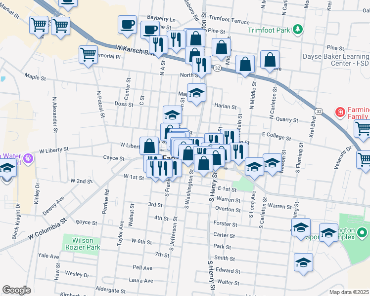 map of restaurants, bars, coffee shops, grocery stores, and more near 211 North Jefferson Street in Farmington