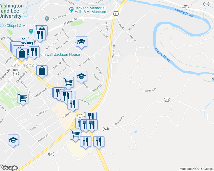 map of restaurants, bars, coffee shops, grocery stores, and more near U.S. 11 in Lexington