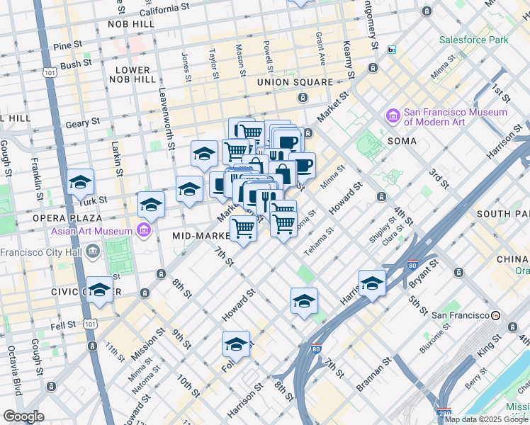 map of restaurants, bars, coffee shops, grocery stores, and more near 486 Jessie Street in San Francisco