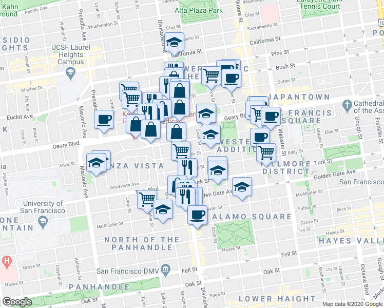 map of restaurants, bars, coffee shops, grocery stores, and more near Ellis St & Beideman St in San Francisco
