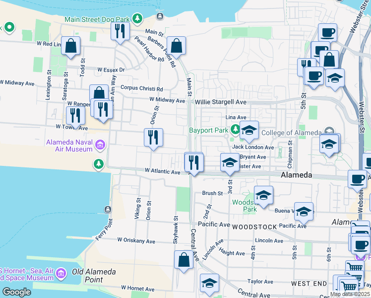 map of restaurants, bars, coffee shops, grocery stores, and more near Hancock Street in Alameda