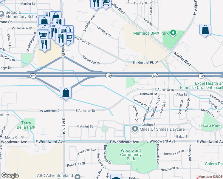 map of restaurants, bars, coffee shops, grocery stores, and more near 490 Quintal Road in Manteca