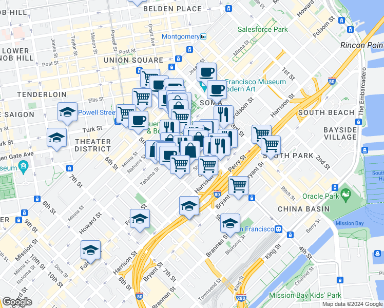 map of restaurants, bars, coffee shops, grocery stores, and more near 826 Folsom Street in San Francisco