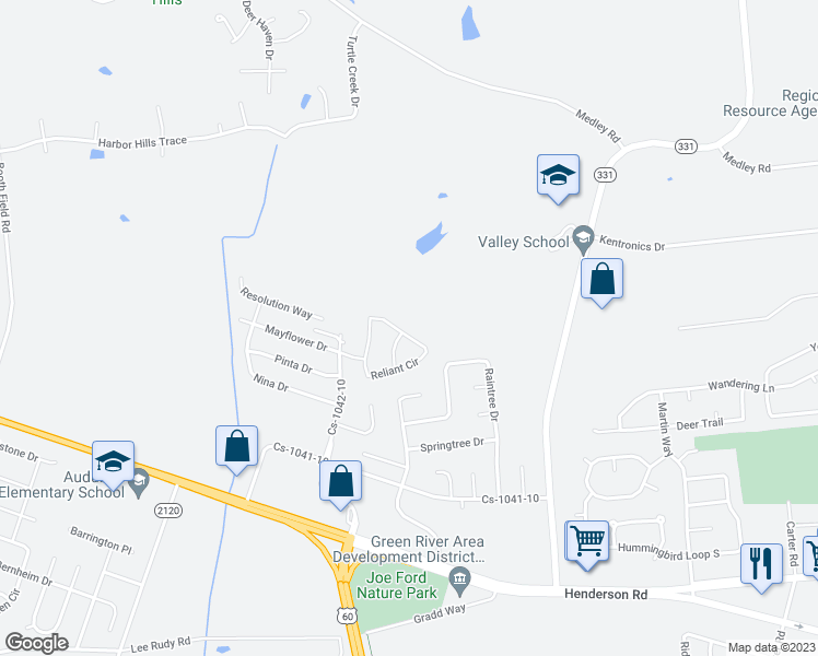 map of restaurants, bars, coffee shops, grocery stores, and more near 4020 Reliant Circle in Owensboro