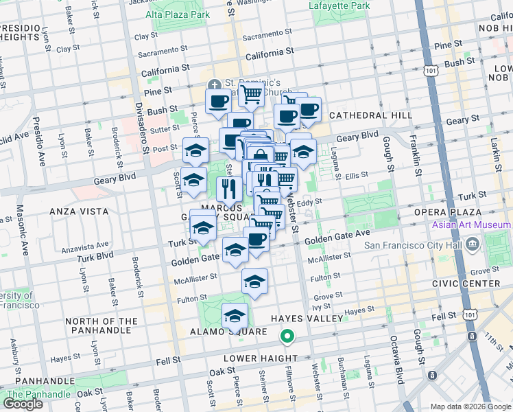 map of restaurants, bars, coffee shops, grocery stores, and more near 1365 Fillmore Street in San Francisco
