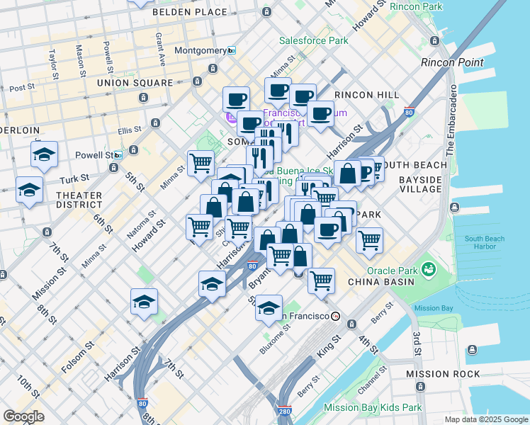 map of restaurants, bars, coffee shops, grocery stores, and more near 766 Harrison Street in San Francisco
