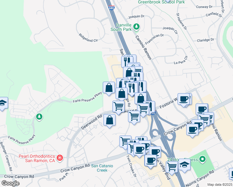 map of restaurants, bars, coffee shops, grocery stores, and more near 215 Purdue Road in San Ramon