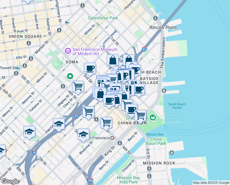 map of restaurants, bars, coffee shops, grocery stores, and more near 78 South Park Street in San Francisco