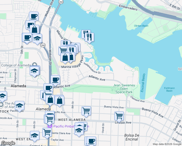 map of restaurants, bars, coffee shops, grocery stores, and more near 965 Atlantic Avenue in Alameda