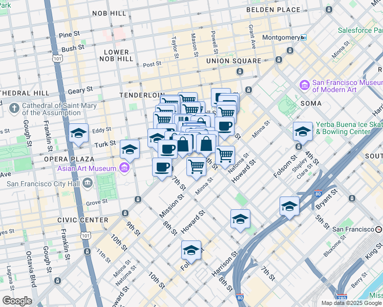 map of restaurants, bars, coffee shops, grocery stores, and more near 1019 Market Street in San Francisco