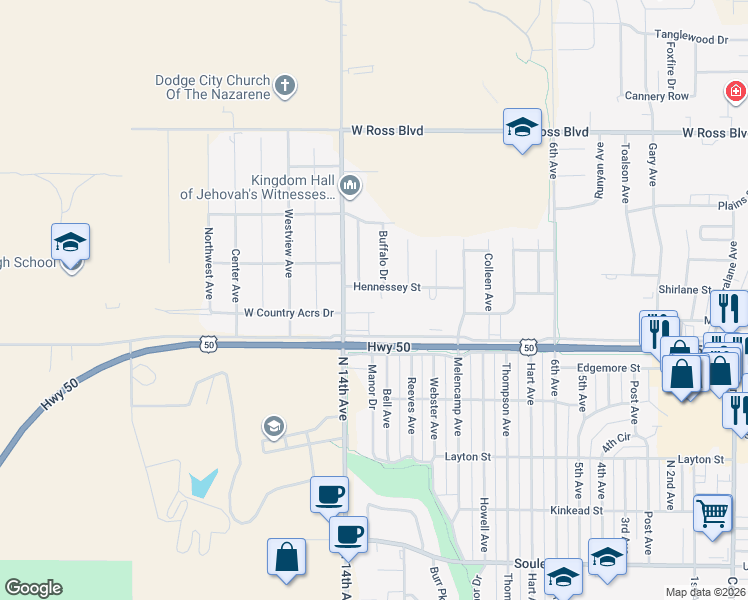 map of restaurants, bars, coffee shops, grocery stores, and more near 2700 North 14th Avenue in Dodge City