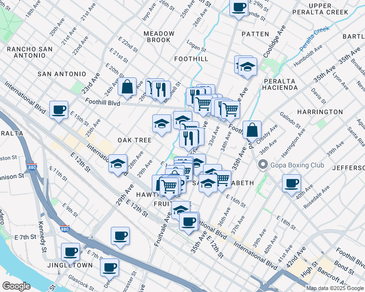 map of restaurants, bars, coffee shops, grocery stores, and more near 3031 East 18th Street in Oakland