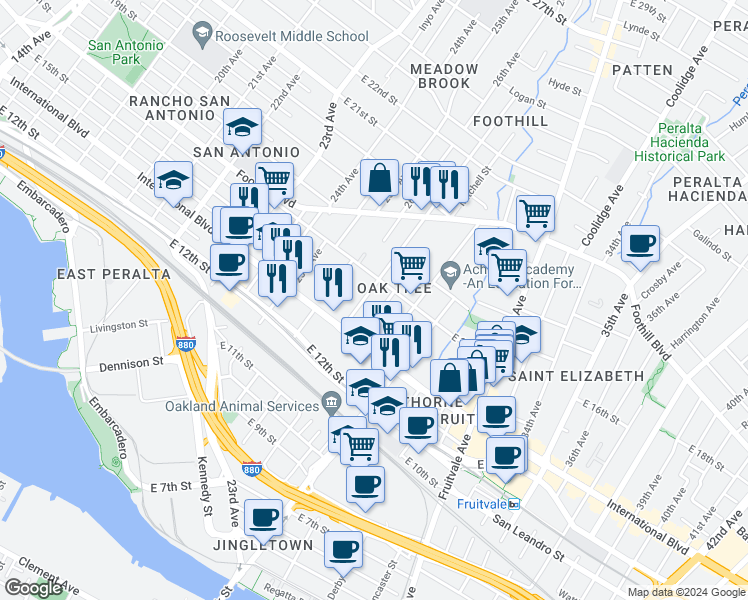 map of restaurants, bars, coffee shops, grocery stores, and more near 1523 27th Avenue in Oakland