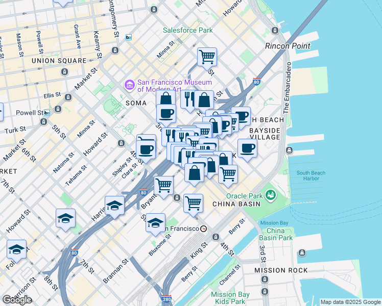 map of restaurants, bars, coffee shops, grocery stores, and more near 470 Bryant Street in San Francisco