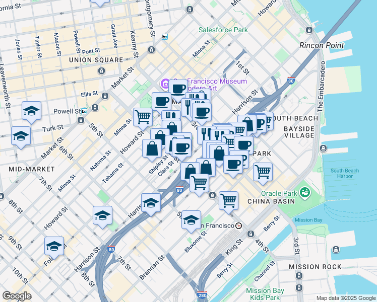 map of restaurants, bars, coffee shops, grocery stores, and more near 730 Harrison Street in San Francisco