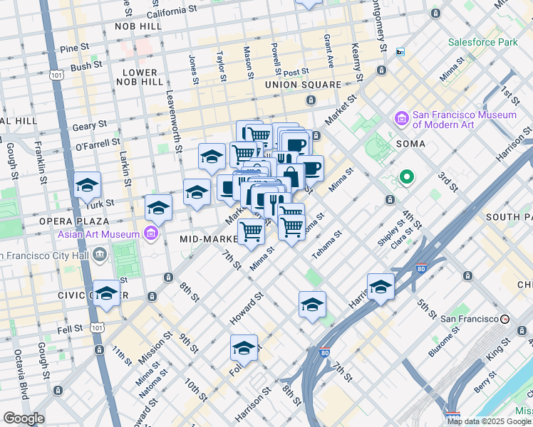 map of restaurants, bars, coffee shops, grocery stores, and more near 87 6th Street in San Francisco