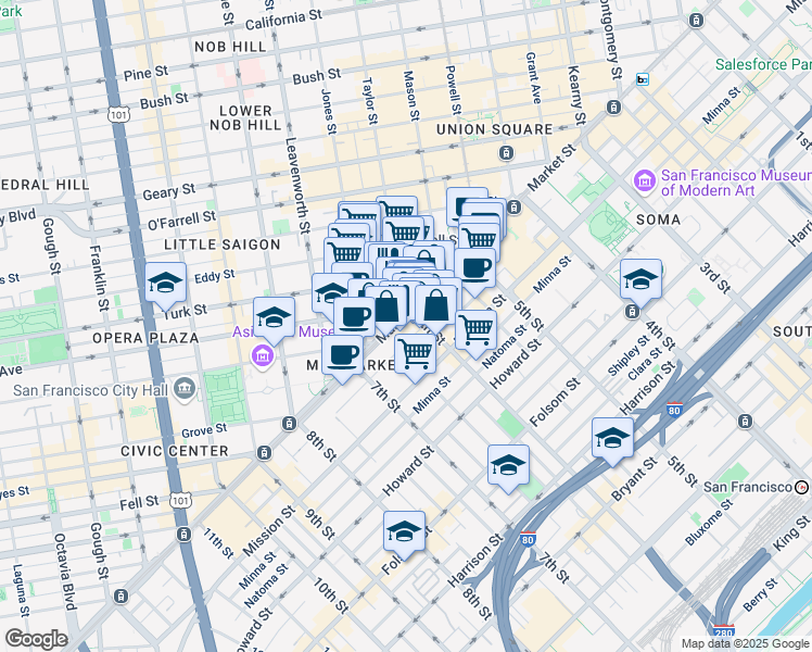 map of restaurants, bars, coffee shops, grocery stores, and more near 6 6th Street in San Francisco