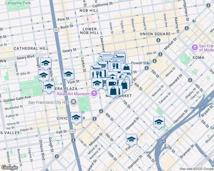 map of restaurants, bars, coffee shops, grocery stores, and more near 168 Golden Gate Avenue in San Francisco