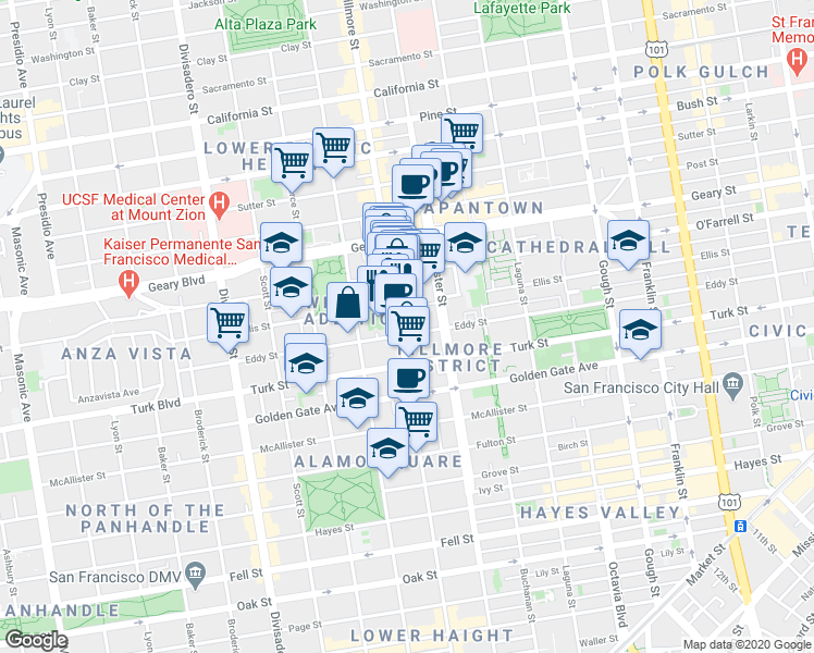 map of restaurants, bars, coffee shops, grocery stores, and more near 1205 Webster Street in San Francisco
