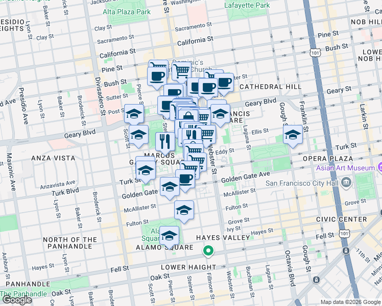 map of restaurants, bars, coffee shops, grocery stores, and more near 1365 Fillmore Street in San Francisco