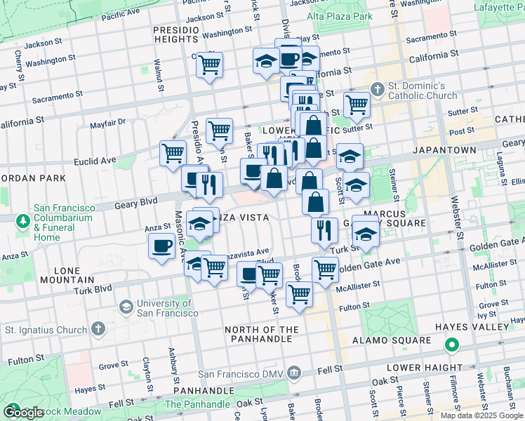 map of restaurants, bars, coffee shops, grocery stores, and more near 35 O'Farrell Street in San Francisco